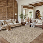 HUGEAR Area Rug 8x10 Light Brown Machine Washable Living Room Rugs Distressed Vintage Floral Vacuumable Low Pile Carpet Bedroom Office Dining Room Laundry Room Non Slip Soft Lightweight