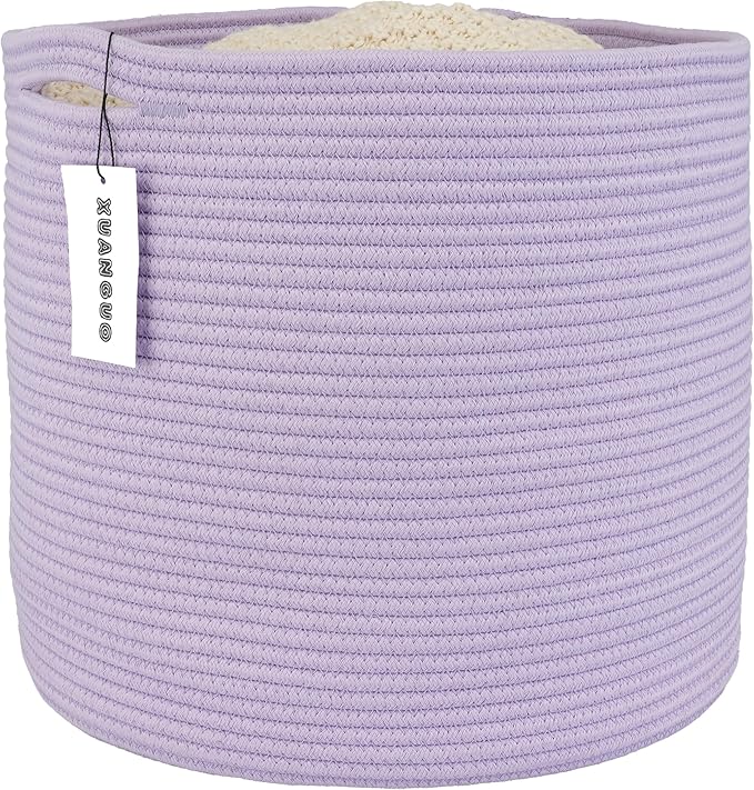 Cotton Rope Basket For Girls Boys Kids 16”X14” Baby Laundry Basket Nursery Bin Round Woven Baskets Organizer For Storage Toys Blankets Shoes Clothes purple