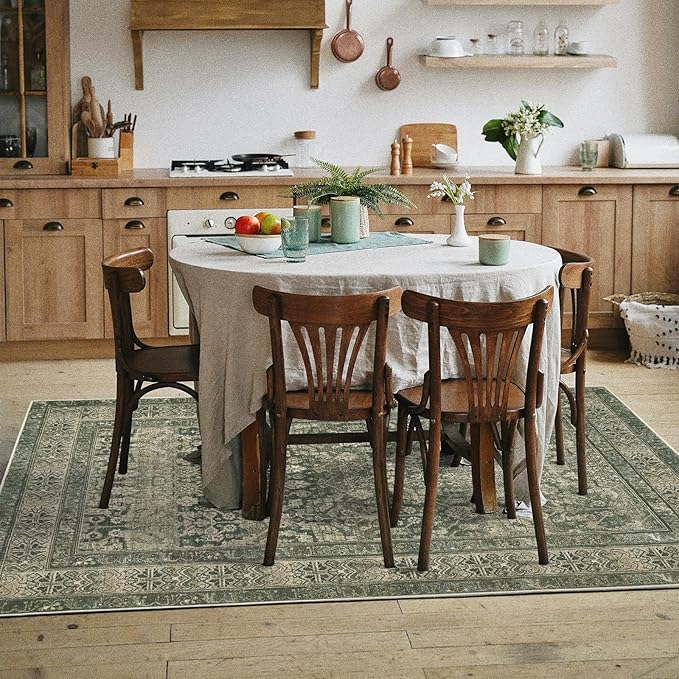 Vintage Washable Area Rug for Living Room,Low Pile 8x10 Non Slip Carpet Non-Shedding Area Rug Soft Indoor Stain Resistant Rug Floral Print Mat for Bedroom Dining Room Green