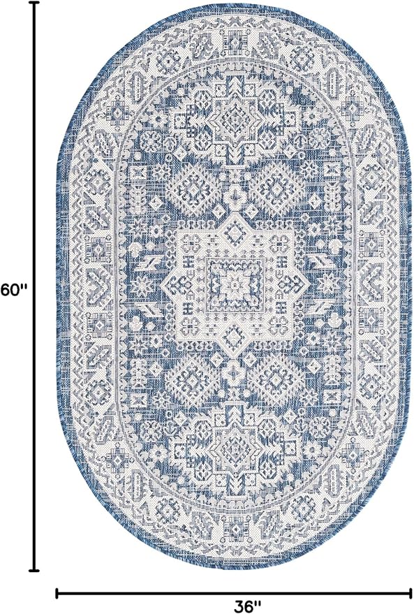 Rugs.com Outdoor Aztec Collection Rug – 3' x 5' Oval Blue Flatweave Rug Perfect for Living Rooms, Large Dining Rooms, Open Floorplans