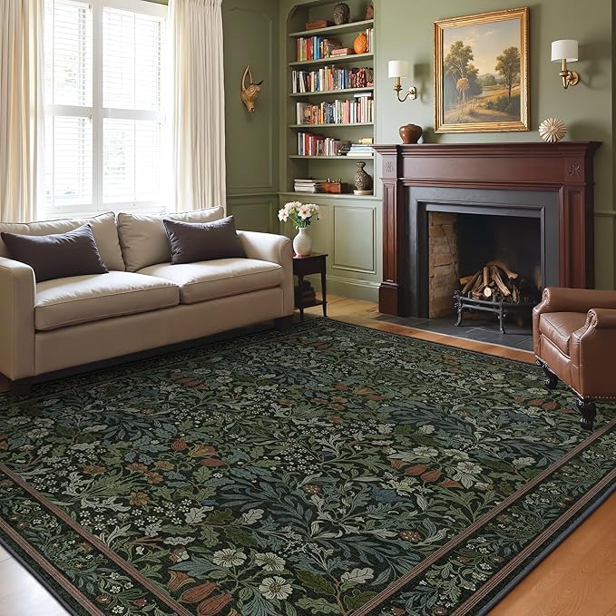 GENIMO Washable 10x14 Area Rug, Vintage Boho Floral Carpet, Soft Low-Pile Non-Slip Thin Rug for Living Room, Bedroom, Dining Room, Nursery, Dark Green