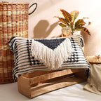Decorative Boho-Chic Pillow Cover Handwoven Tufted Cotton Accent Pillows, Neutral Throw Cushion for Couch, Sofa or Bed, Farmhouse & Bohemian Home Decor, Trendy USA Design (Black Lumbar 12x20)