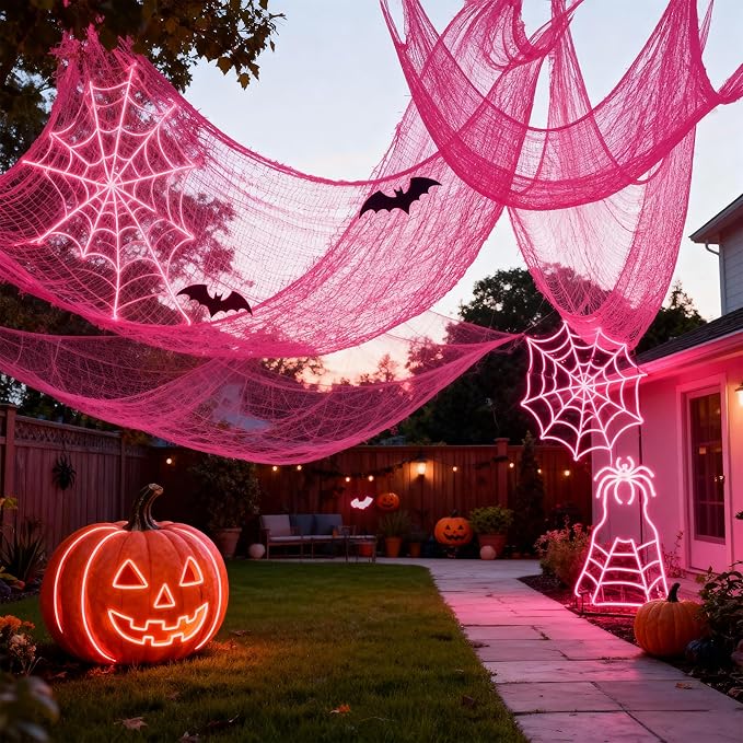 Set of 5 Pink Halloween Gauze Decor, Indoor Outdoor Pink Gauze Tapestry Decor, Halloween Spooky Decorations for Home Table Wall Yard Haunted House Party Supplies, 72 x 30 inch