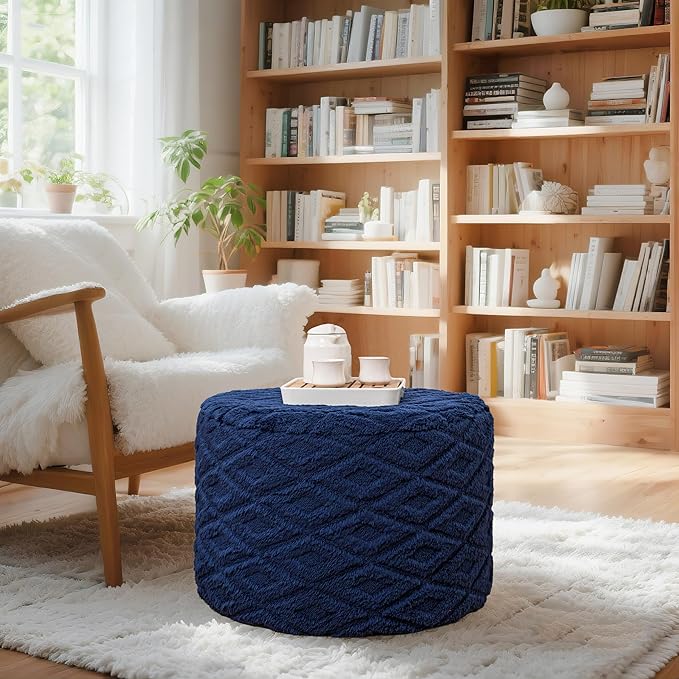 Fluffy Round Ottoman Pouf with All-in-One Foam Filling 20" x 14" Furry Ottoman Foot Rest Foot Stool for Living Room or Bedroom (Navy Blue)