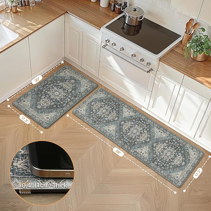 GENIMO Kitchen Mats for Floor, 2PCS Kitchen Rugs Non Slip Washable, Waterproof Anti Fatigue Mat, Comfort Standing Runner Rug for Sink, Office, Laundry, Home, 17.3"x59"+17.3"x30", Slate Blue