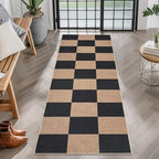 GarveeHome Checkered Easy Jute Runner Rug 2x6 Non-Slip Machine Washable Stain Resistant Indoor Outdoor Rugs for Living Room, Bedroom, Kitchen, Dining, Patio - Farmhouse Style Black Tan