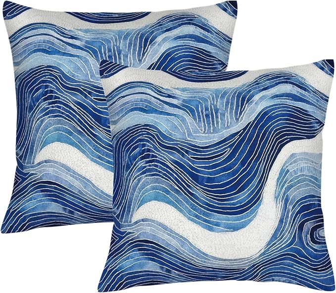2 Pack Navy Blue and White Waved Throw Pillows Covers 18x18 Inch Decorative Modern Abstract Light Blue White Pillowcases Farmhouse Cushion Covers for Couch Bed Sofa Farmhouse Boho Spring Home Decor