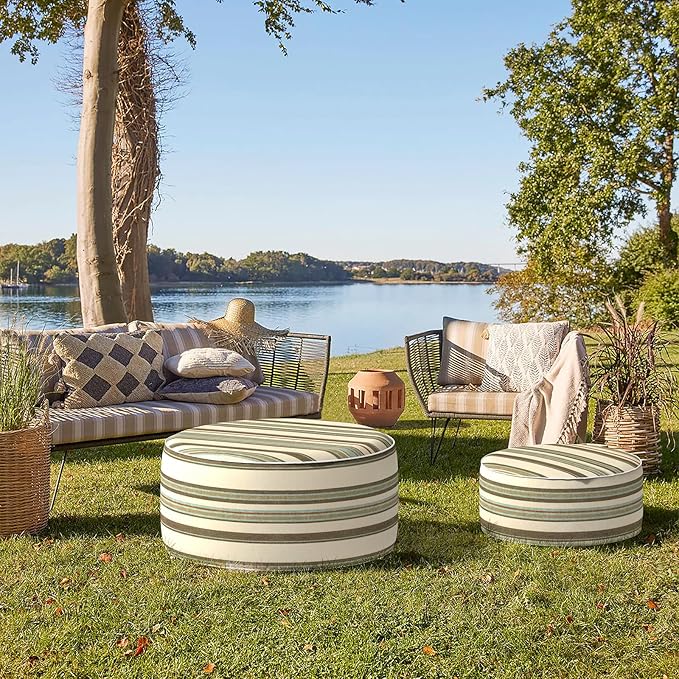 Indoor/Outdoor Inflatable Ottoman, All Weather Ottoman Pouf D31 x H14 inch, Round Foot Rest Ottomans Portable Footstool for Patio, Garden, Porch, Home,Stripe Onyx