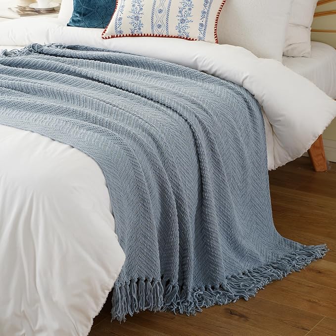 BATTILO HOME Blue Grey Throw Blanket for Couch, Chenille Knit Throw Blankets, Super Soft Dusty Blue Throw Blanket with Tassels for Bed,Sofa and Living Room,50" x 60"