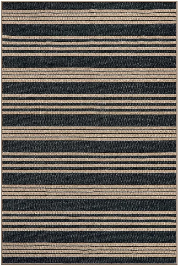 Lahome Elance Striped Easy Jute Rugs for Living Room, 6x9 Washable Indoor Outdoor Patio Rug, Neutral Thin Non Slip Non Shedding Black Dining Room Carpet for Under Table Mudroom Classroom