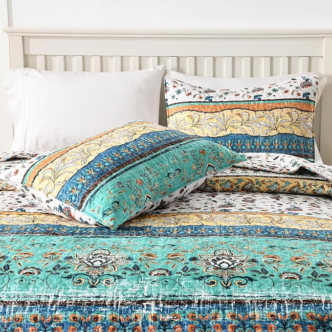 HORIMOTE HOME Boho Style Twin Size Quilt Set Yellow Bohemian Floral Strip Quilt Beddding Set, Soft and Lightweight Bedspread for All Season,XL Twin Bed Coverlet with 1 Matching Pillow Sham (2 Pieces)