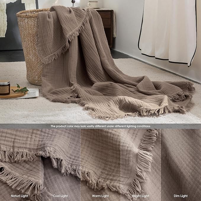 FOSSA Muslin Blanket with Fringe - 4-Layer 100% Cotton Gauze Super Soft & Breathable Throw -Lightweight Decorative Cooling Blanket for Bed, Sofa, Office (Pale Brown, Queen (90" × 90"))