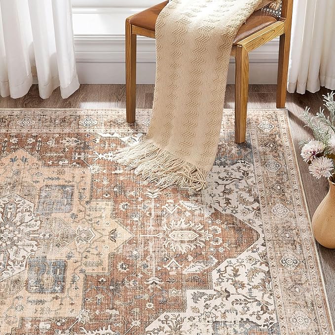 Washable Rug 9x13 Area Rugs: Boho Vintage Distressed Oriental Medallion Neutral Thin Large Rug Carpet for Living Room Bedroom Dining Room Home Office Decor - Brick red