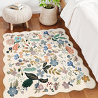 Washable 4x4 Square Area Rug: Floral Scalloped Soft Rugs for Living Room Bedroom Non Slip Bathroom Nursery Floor Mat Water Resistant Low Pile Carpet for Kitchen Entryway (4x4,Cream)