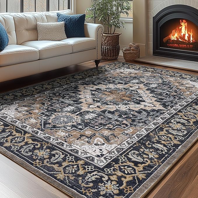 Lessymo 9 x 12 Area Rugs for Living Room, Machine Washable Area Rugs Boho Faux Wool Low Pile Area Rug for Bedroom, Floral Medallion Vintage Rugs with Non-Slip Rubber, Kid & Pet Friendly,Black Brown