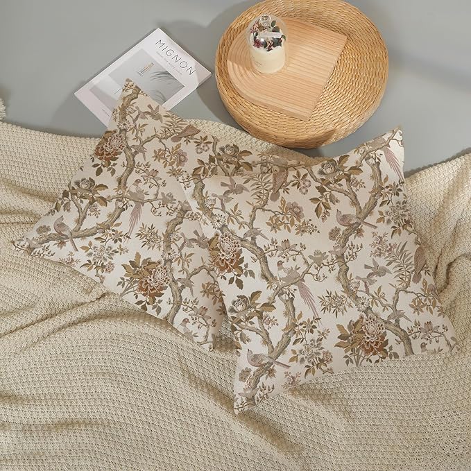 Chinoiserie Pillow Covers 18x18 Set of 2 Brown Bird Floral Throw Pillows Vintage Flowers Bird Decorative Pillowcase Farmhouse Linen Cushion Case Decor Outdoor Throw Pillows for Couch Sofa