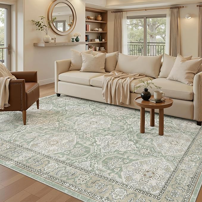5x7 Area Rugs Green/Brown Low Pile Indoor Washable Trendy Faded Style Rugs for Bedroom Living Room Dining Room Foldable Non-Slip Thin Print Home Office Mat