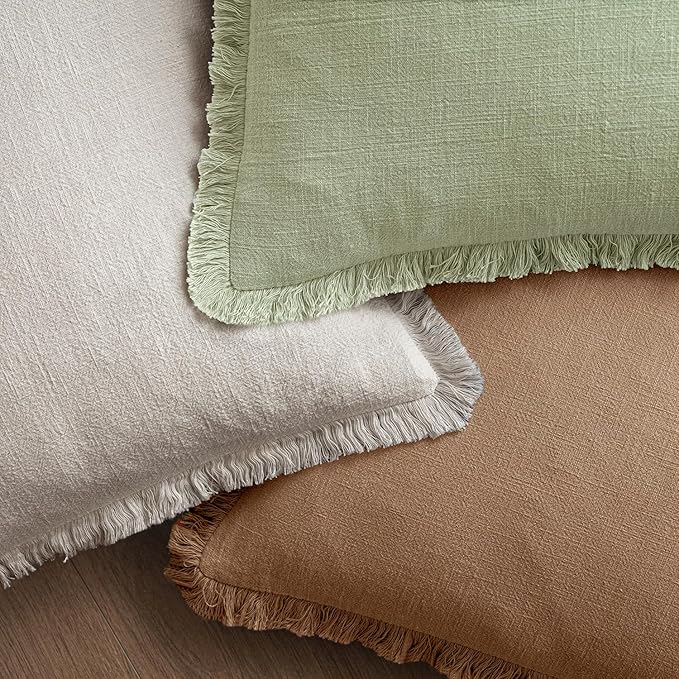 MIULEE Decorative Throw Pillow Covers Neutral Linen Fringe Throw Pillows Euro Shams Set of 2 Sage Green Boho Farmhouse Cushion Covers for Couch Sofa Bed Living Room Spring Home Decor 26x26 Inch