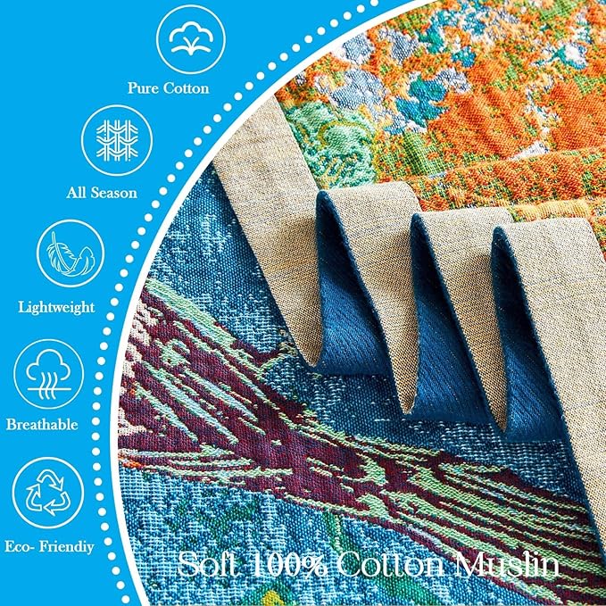 Boho Throw Blanket 100% Cotton Muslin Woven Blanket Bohemian Bed Throws Vintage Rustic Farmhouse Decor Reversible Bed Blanket Quilt for All Seasons（Blue 80"x90"）