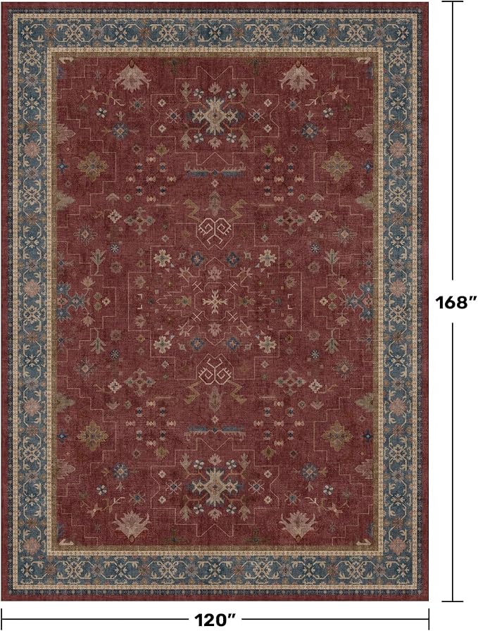 Moroccan Big Rugs for Living Room - Dark Red 10x14 Area Rug for Large Bedroom, Dining Room, Washable Lightweight Low Pile Foldable Oriental Burgendy Home Décor