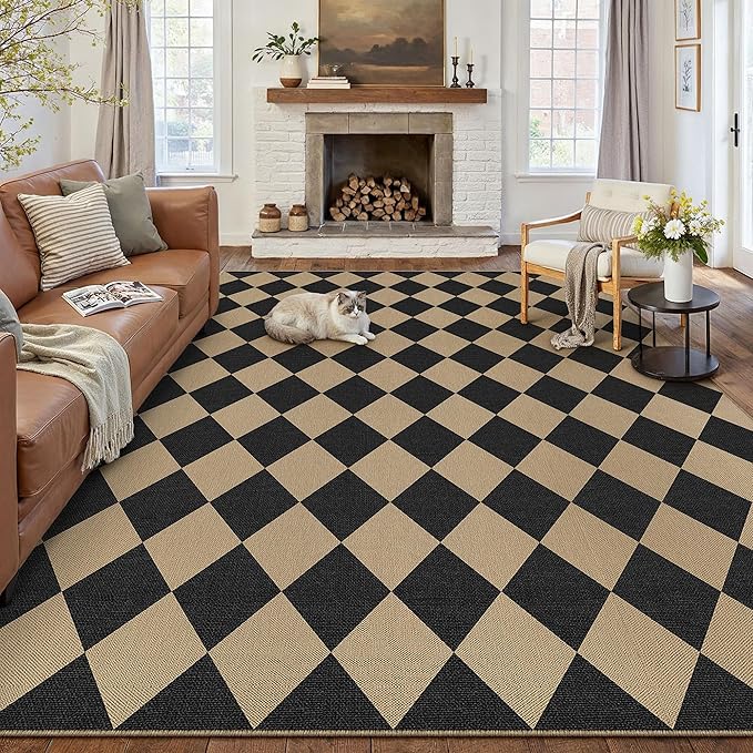 9x12 Checkered Easy Jute Area Rug for Living Room Large Checkerboard Washable Indoor Outdoor Carpet Farmhouse Patio Office Mat Geometric Non Slip Black Carpet for Backyard Dining Room