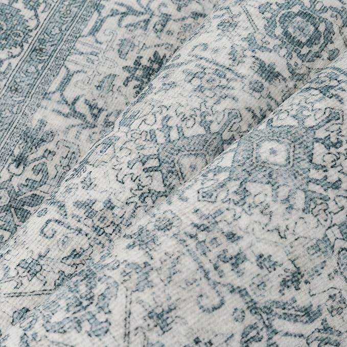 Area Rug 8x10 Blue Washable Living Room Carpet Soft Non Slip Vintage Bedroom Indoor Office Traditional Retro Distressed Large Throw Rug for Dining Room Playroom