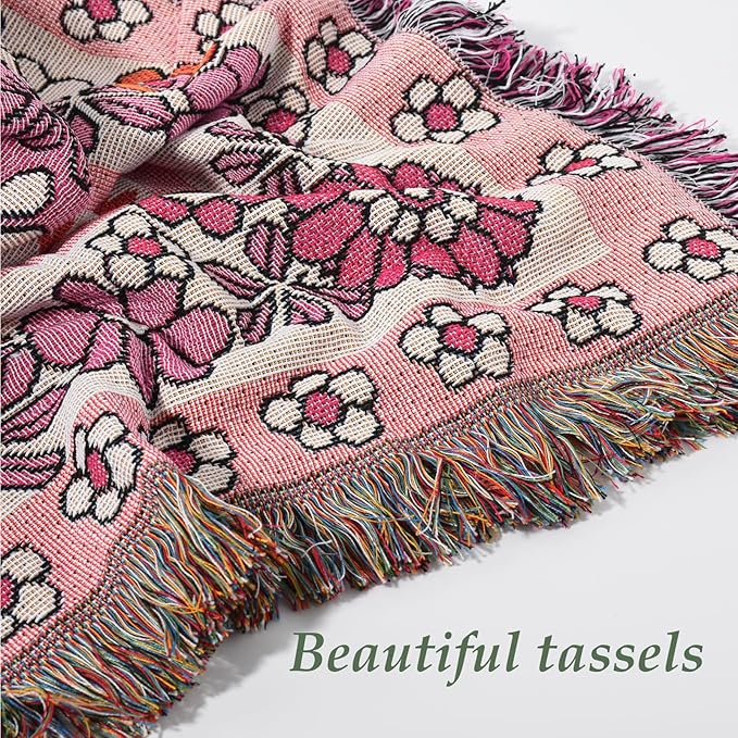 Snycler Flowers and Plants Throw Blanket for Bed 50 * 60inch Woven Blanket Cotton Polyester Farmhouse Decor for Indoor Outdoor Sofa Bedroom Garden，All Season （Dark Pink）