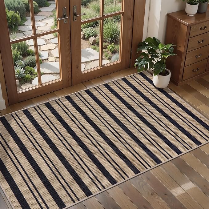 Tangsoo Modern Easy Jute Rug 2x4 Rug for Entryway,Washable Thin Stripe Outdoor Door Mat,Non-Slip Indoor Floor Carpet Farmhouse Small Throw Mat for Kitchen Hallway Bedroom Front Porch Entrance