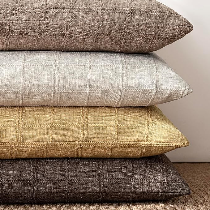 Foindtower Set of 2 Decorative Linen Check Throw Pillow Covers Neutral Farmhouse Vintage Cushion Covers Modern Boho Accent Home Decor for Sofa Chair Couch Bedroom Living Room,20×20 Inch,Amber Gold