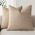 Foindtower Set of 2 Decorative Linen Check Throw Pillow Covers Neutral Farmhouse Vintage Cushion Covers Modern Coastal Boho Home Decor for Sofa Chair Couch Bedroom Living Room,16×16 Inch,Camel