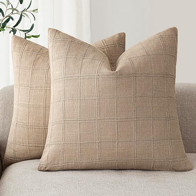 Foindtower Set of 2 Decorative Linen Check Throw Pillow Covers Neutral Farmhouse Vintage Cushion Covers Modern Coastal Boho Home Decor for Sofa Chair Couch Bedroom Living Room,18×18 Inch,Camel