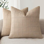 Foindtower Set of 2 Decorative Linen Check Throw Pillow Covers Neutral Farmhouse Vintage Cushion Covers Modern Coastal Boho Home Decor for Sofa Chair Couch Bedroom Living Room,22×22 Inch,Camel