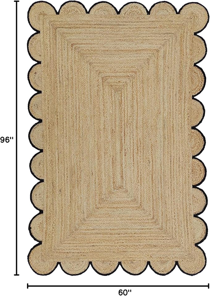 Scalloped Natural Jute Area Rug, Black Trim, 5'x8'