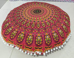 INDIAN CRAFT CASTLE 24" Red Peacock Mandala Barmeri Large Floor Pillow Cover Cushion Meditation Seating Ottoman Throw Cover Hippie Decorative Zipped Bohemian Pouf Ottoman Pom Pom Cases 24" Round