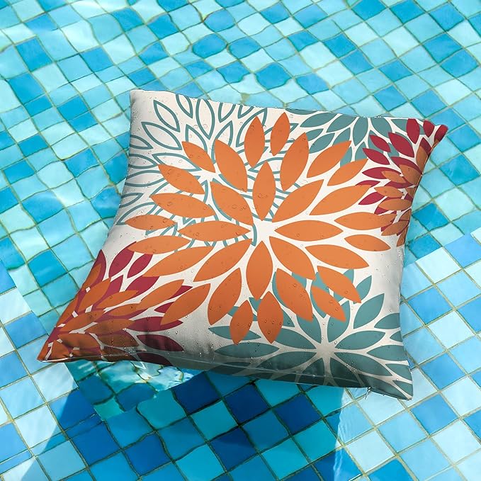 DFXSZ Orange Teal Red Flower Pillow Covers 20x20 Inch Set of 2 Fall Throw Pillows Outdoor Waterproof Decor for Living Room Sofa Patio Funiture Garden Floral Polyester Pillow Covers 002Y20