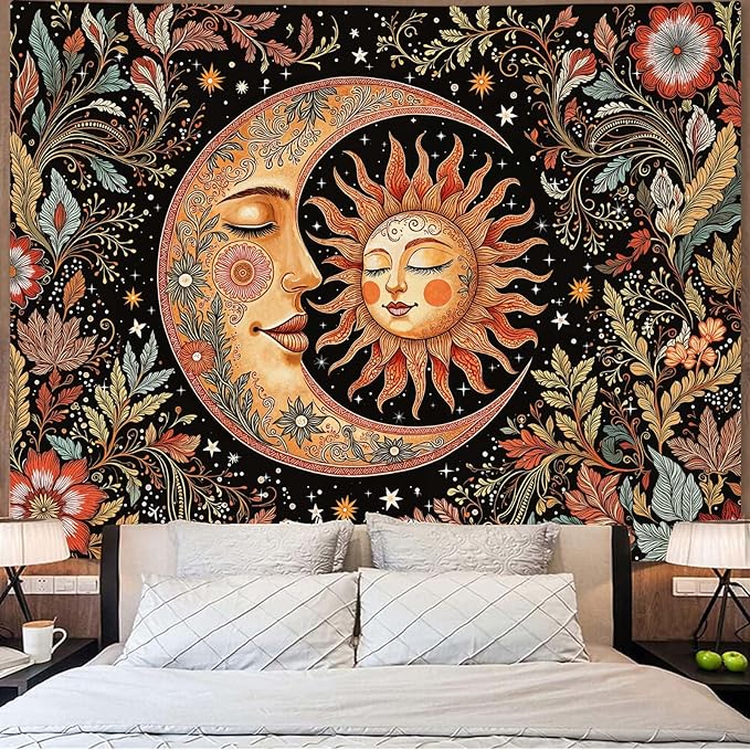 Accnicc Vintage Sun and Moon Tapestry Boho Hippie Floral Wall Tapestry for Bedroom Aesthetic Brown Celestial Spiritual Botanical Plant Small Tapestries Wall Hanging for Living Room Dorm 48 x 36 Inch