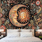Accnicc Vintage Sun and Moon Tapestry Boho Hippie Floral Wall Tapestry for Bedroom Aesthetic Brown Celestial Spiritual Botanical Plant Small Tapestries Wall Hanging for Living Room Dorm 48 x 36 Inch