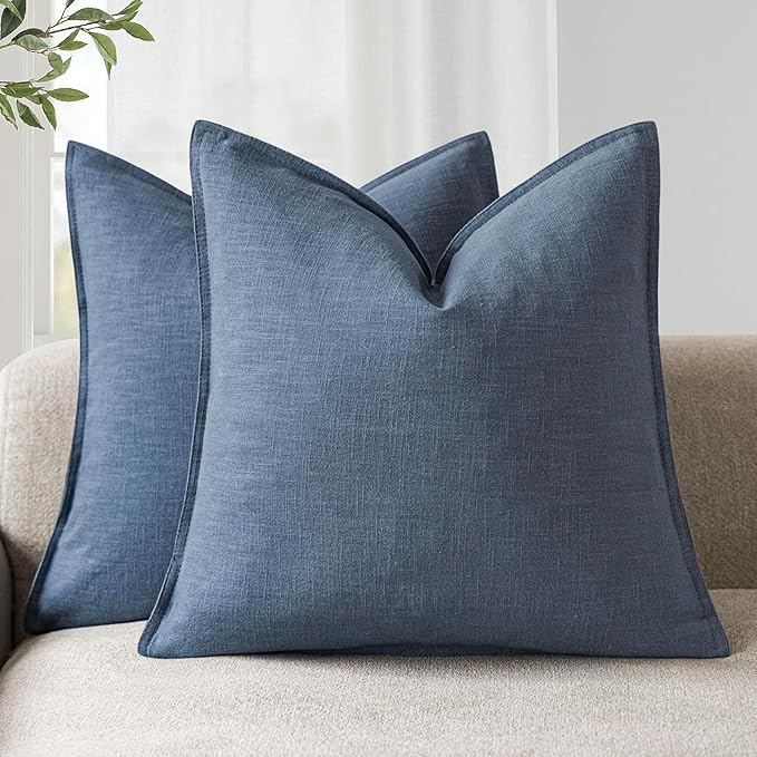 Foindtower Pack of 2, Decorative Linen Soild Throw Pillow Covers Soft Accent Euro Cushion Case Farmhouse Neutral Pillowcase for Chair Couch Sofa Bedroom Living Room Home Decor 16 x 16 Inch Dark Blue