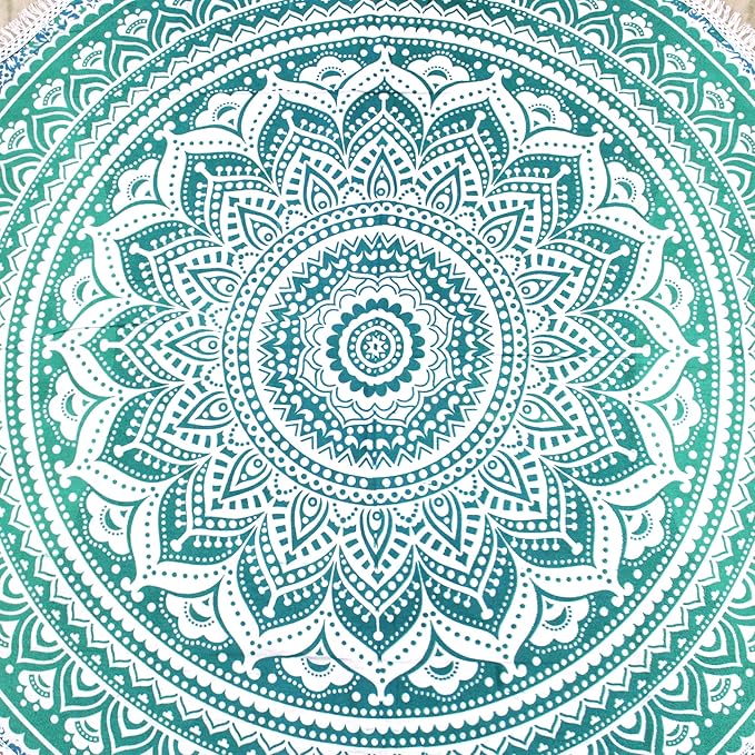 Round Beach Tapestry Turquoise Mandala Throw/Boho Hippie Beach Blanket Roundie/Indian Cotton Bohemian Large Round Table Cloth-Home Decor/Yoga Mat Meditation Picnic Rug (42", Green and White)