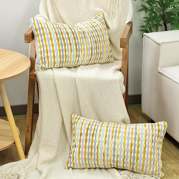 Boho Chenille Striped Pillow Cover 12x20 Inch, Decorative Lumbar Pillow Cover for Couch Bed Sofa Living Room Bedroom Farmhouse Modern Home Decor Accent Pillowcases Set of 2, Yellow White