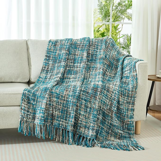 Multi-Color Teal Cable Woven Throw Blanket for Couch,50"X60" Boho Style Textured Blankets for Home Decor,Super Soft Warm Cozy Chunky Blanket with Decorative Tassels for Bed and Sofa
