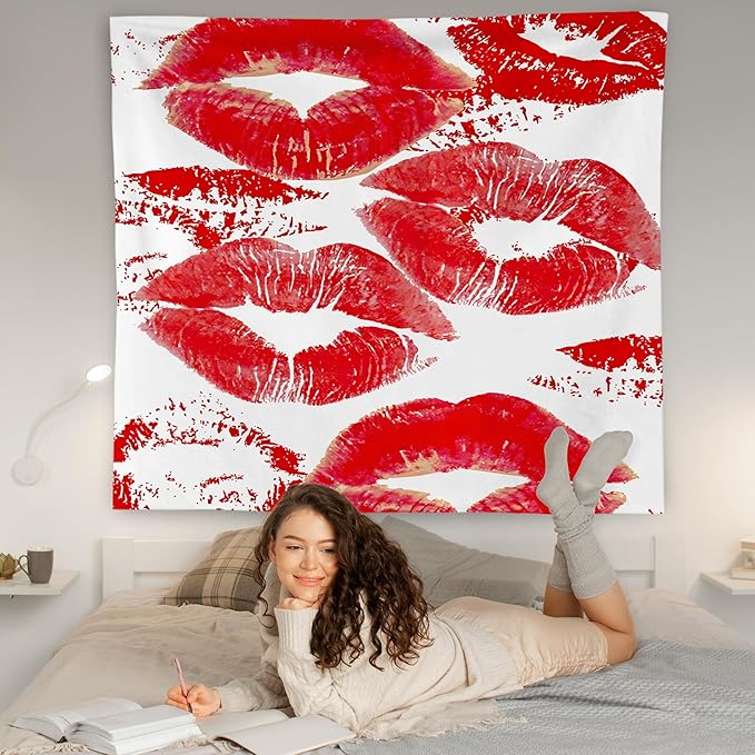 WNAGT Trendy Black and White Kiss Lips Tapestry Wall Hanging, Funky Makeup Wall Decor, Fashion Aesthetic Wall Blanket Decor for Girls Room College Dorm Makeup Room Beauty Room, 50x60 Inch