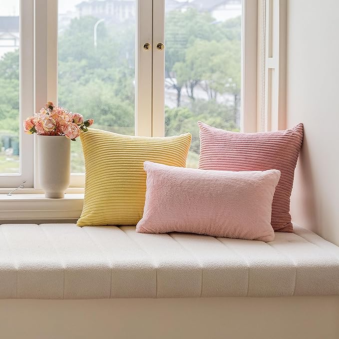 Home Brilliant Pink Throw Pillows for Sofa Euro Sham Striped Corduroy Velvet Pillow Covers 60x60 cm Set of 2 Cushion Cover for Couch Decor, 24 x 24 inch, Baby Pink