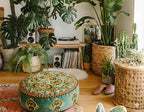 Mandala Life ART Green Round Velvet Pouf Cover - Soft Embroidered Ottoman Slipcover with Moroccan Design, 24 Inch Diameter, Ideal for Living Room, Bedroom, or Meditation Space - Floow Pillow Cushion