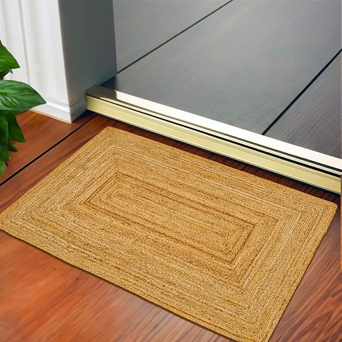 Hand Woven Jute Area Rug - 2’x3’ Feet - Rustic Beige Reversible Rectangular Rugs for Bedroom, Kitchen, Living Room - Vintage Natural Braided Entry Floor Décor Boho Jute Rug 2x3 Feet