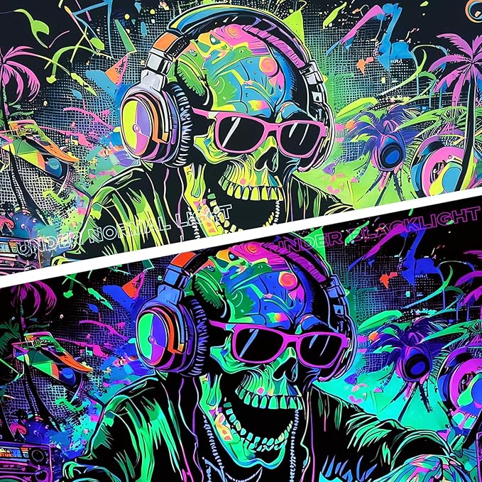 TUGCAY Blacklight Skull Tapestry Funny Skeleton Hip Hop Music Tapestry UV Reactive Gothic Hippie Tapestries Wall Hanging for Bedroom Dorm Game Room Decor(51.2 x 59.1 Inches)