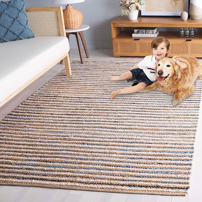 SAFAVIEH Cape Cod Collection Accent Rug - 3' x 5', Natural & Blue, Handmade, Braided Design, Ideal for The Living Room, Bedroom, Dining Room (CAP151M-3)