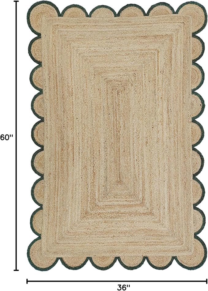 Scalloped Natural Jute Area Rug, Green Trim, 3'x5'