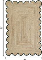 Scalloped Natural Jute Area Rug, Green Trim, 3'x5'