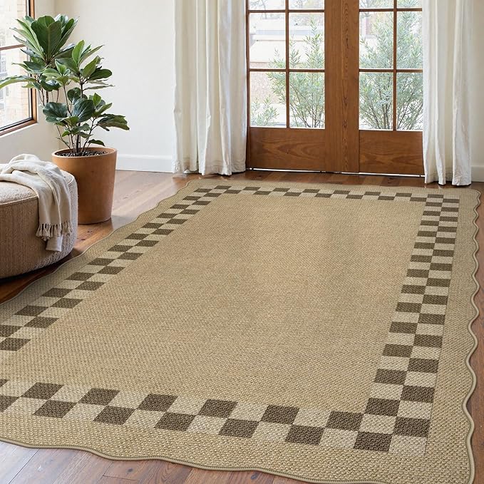 LIVEBOX Easy Jute Checkered Outdoor 5x7 Rug for Living Room, Scalloped Washable Rugs for Bedroom, Indoor Outdoor Non-Slip Rug Tan Farmhouse Dining Room Mat Modern Carpet Area Rug for Patio Office